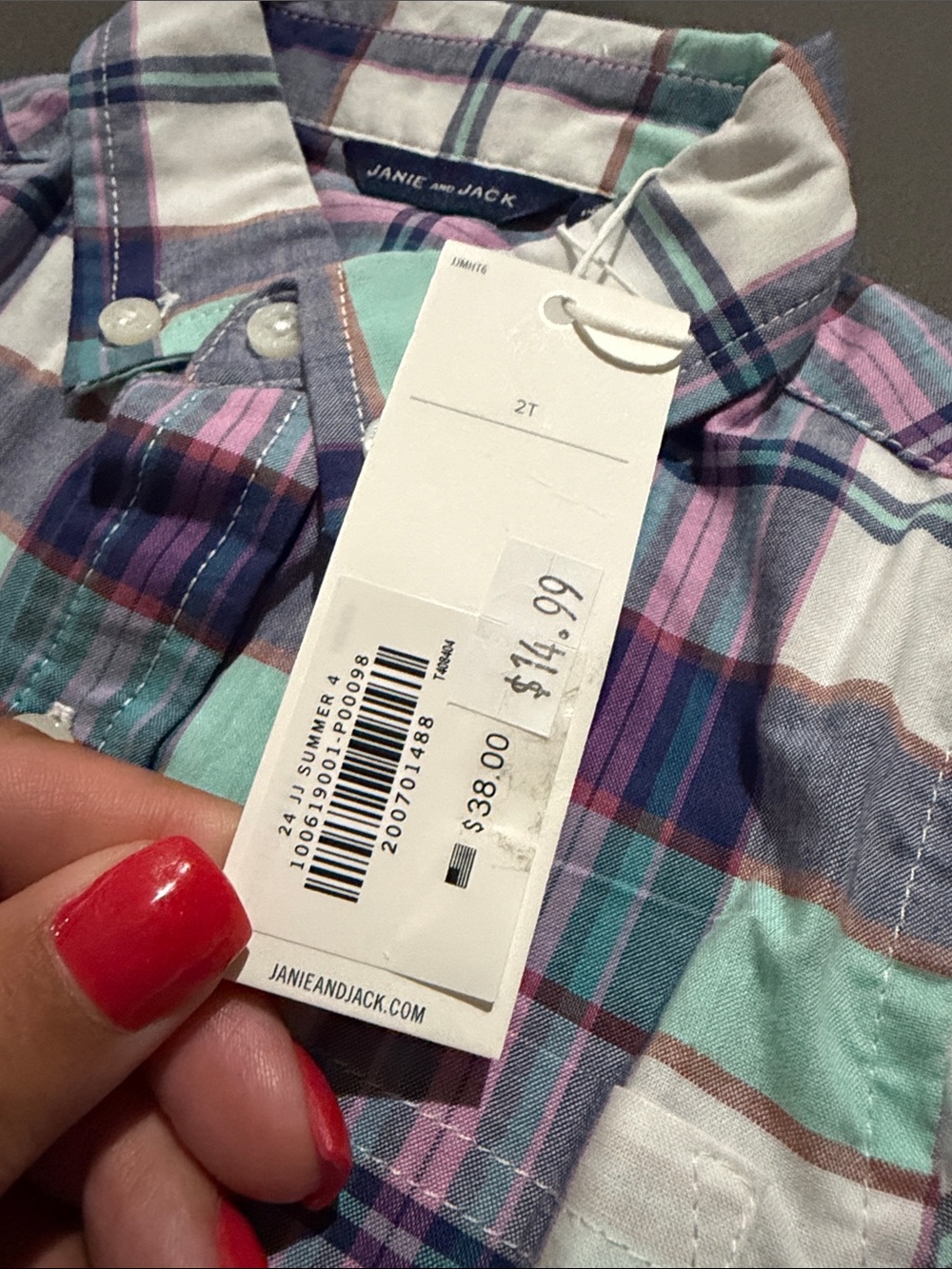 Janie and Jack Mint, Navy & Pink Plaid Button-Down Shirt - Picture 4 of 4